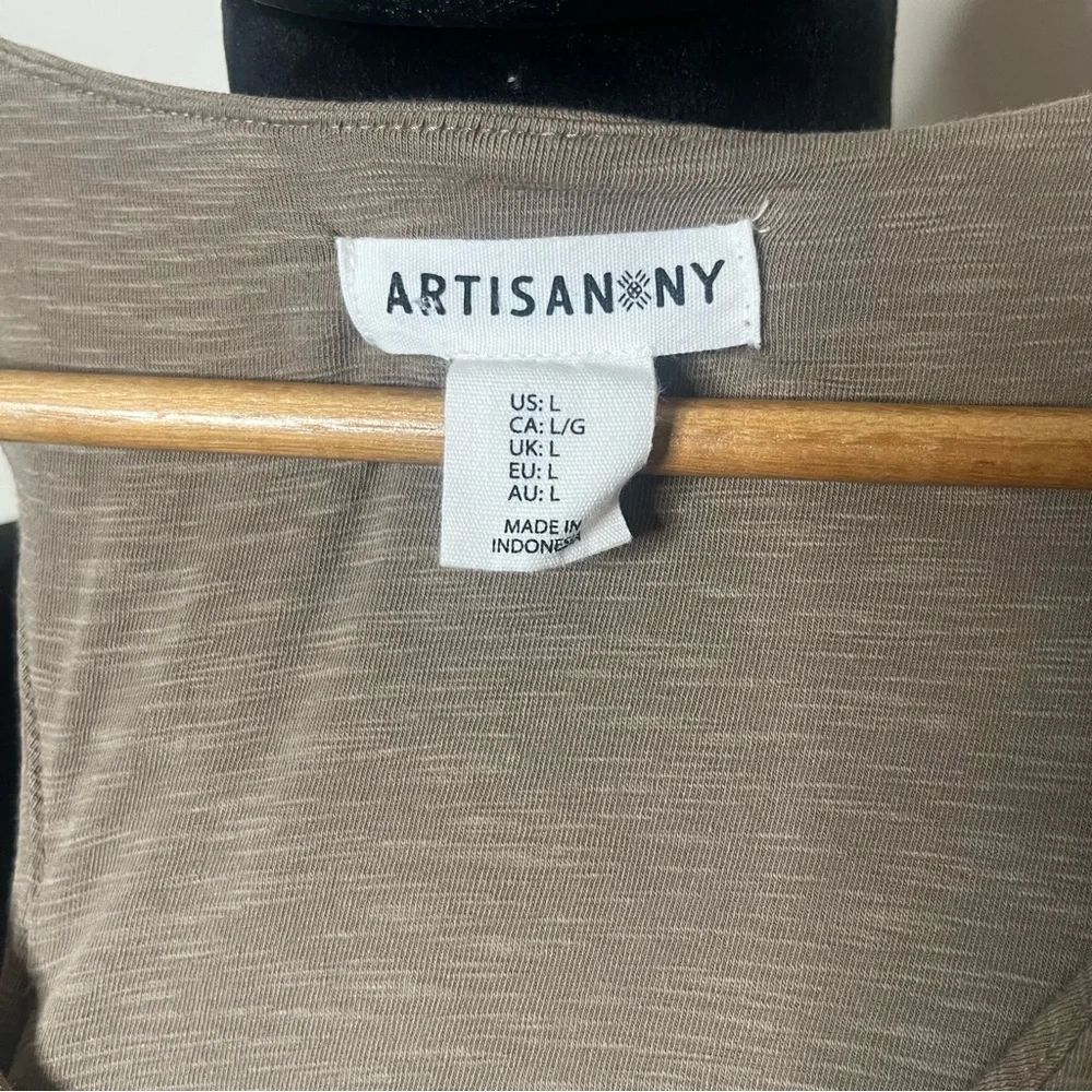 Artisan NY Women’s Khaki Tan V~Neck Sleeveless Split Jersey Knit Maxi Dress Sz L - Picture 4 of 6